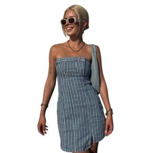 ZARA STRAPLESS STRIPED DENIM DRESS